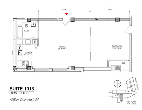 Floor plan for 1 bed, 1 bath, 942 sqft